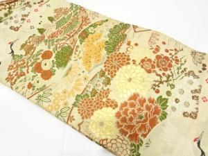 アンティーク　鶴に唐風景・草花模様織り出し名古屋帯（材料）